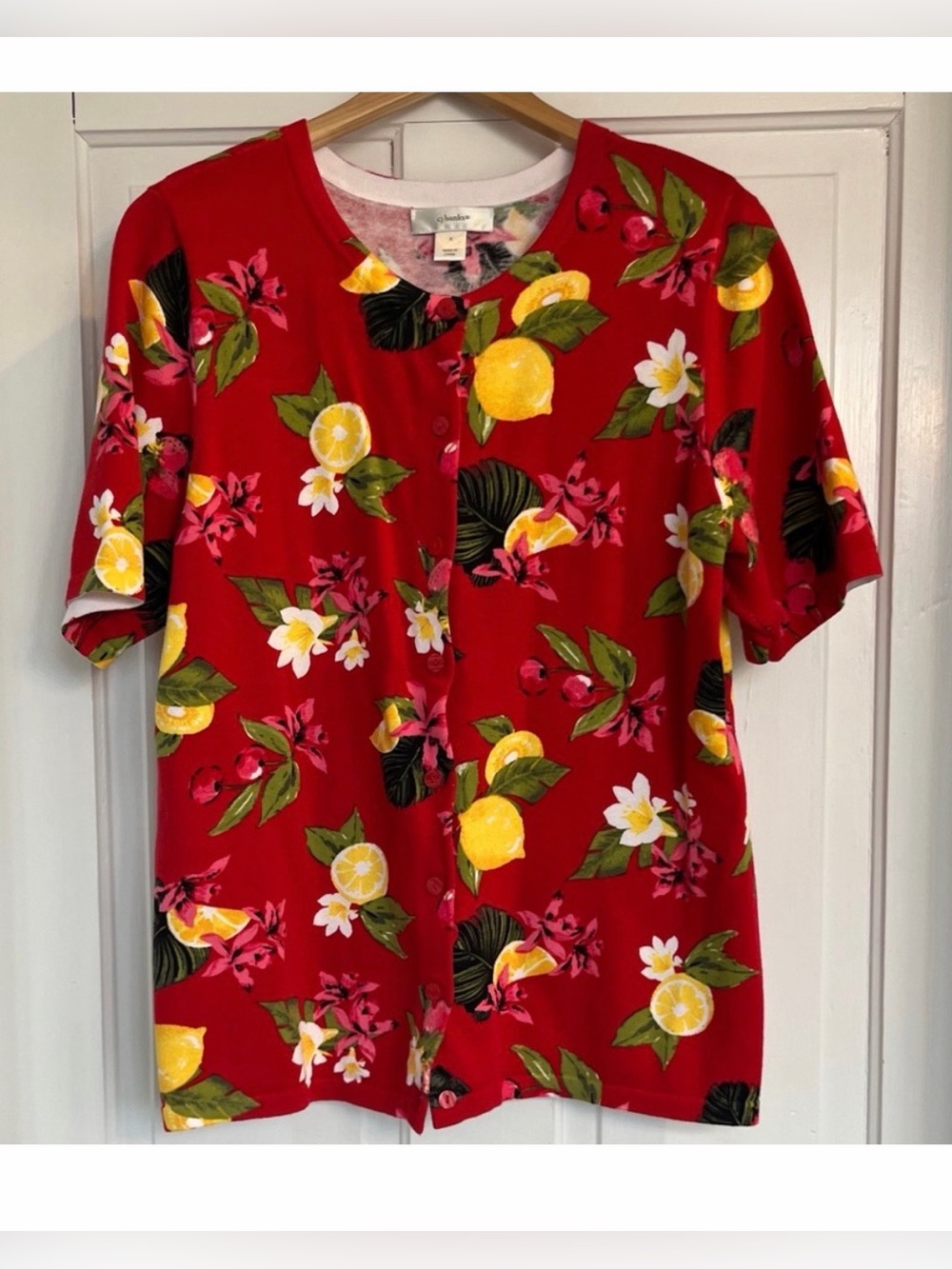 CJ Banks Women’s Red Floral Spring Lemon Short Sleeve Cardigan Size XL